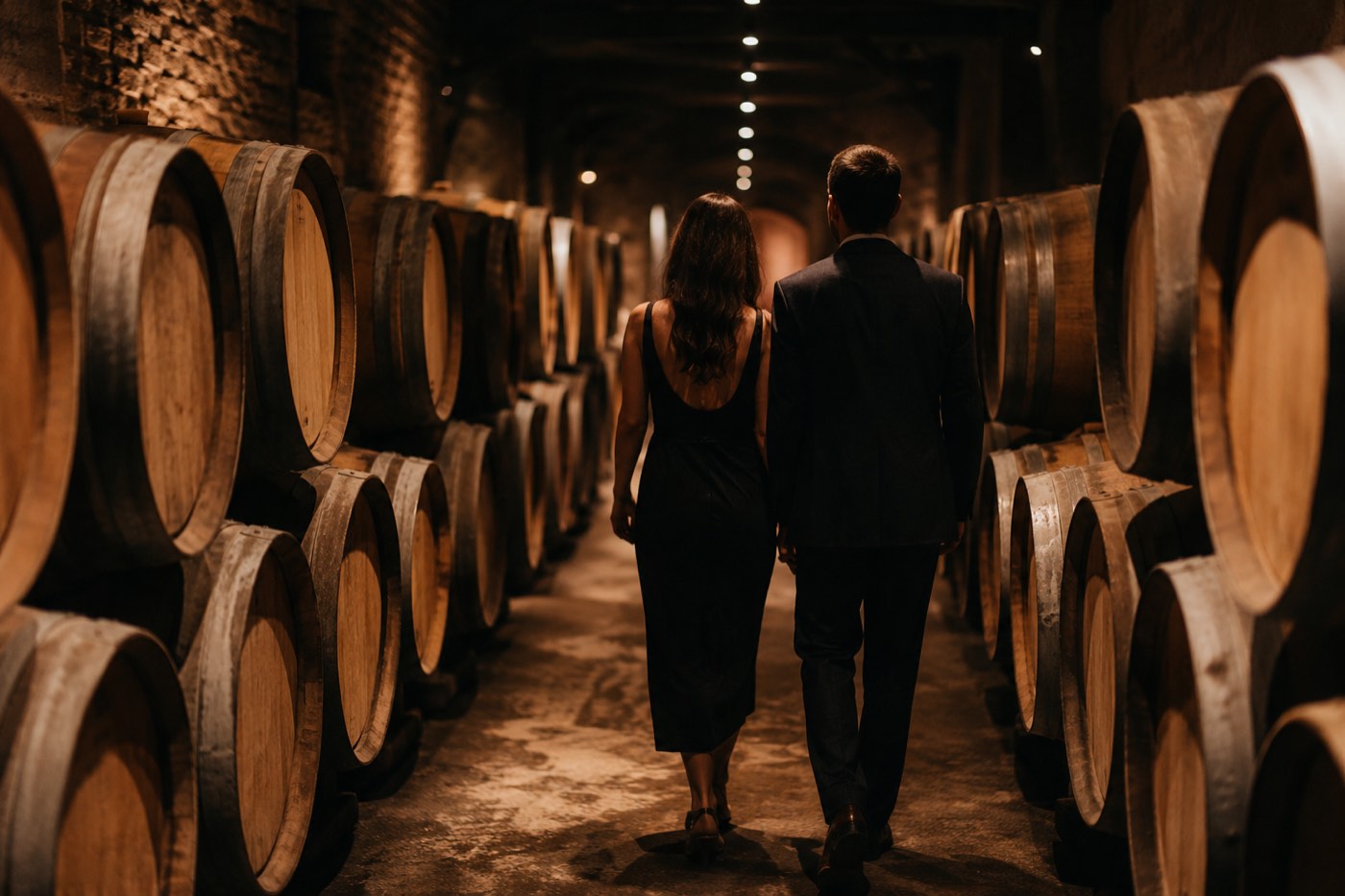 A couple walking through a candle-lit Niagara barrel cellar
