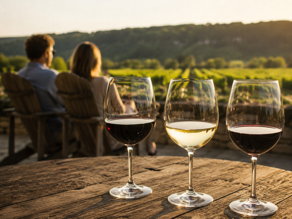 Glasses of red and white wine on a vineyard patio table at golden hour