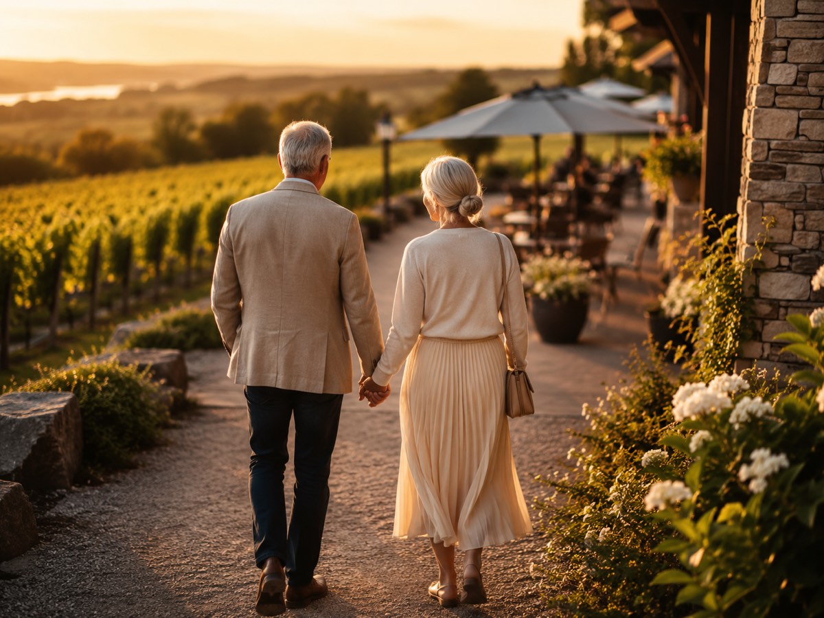 An elegant couple walking a vineyard path toward a tasting patio at golden hour