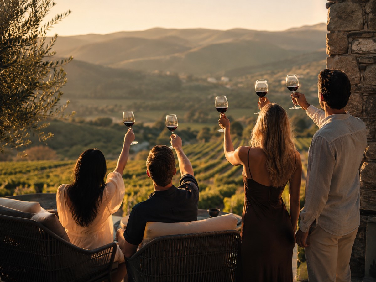 A small group of friends raising wine glasses on a vineyard terrace
