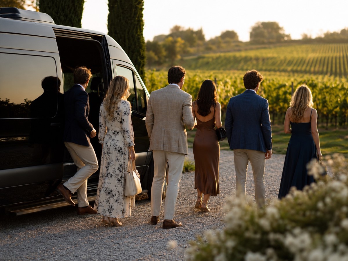 A family group stepping out of a black Mercedes Sprinter at a winery
