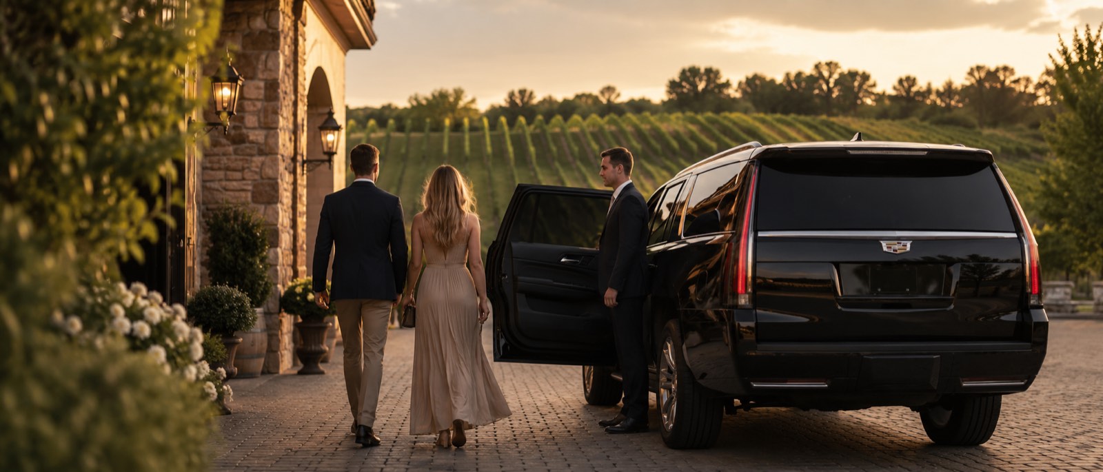 Chauffeur opening the door of a black Cadillac Escalade for a couple at a Niagara-on-the-Lake winery at golden hour